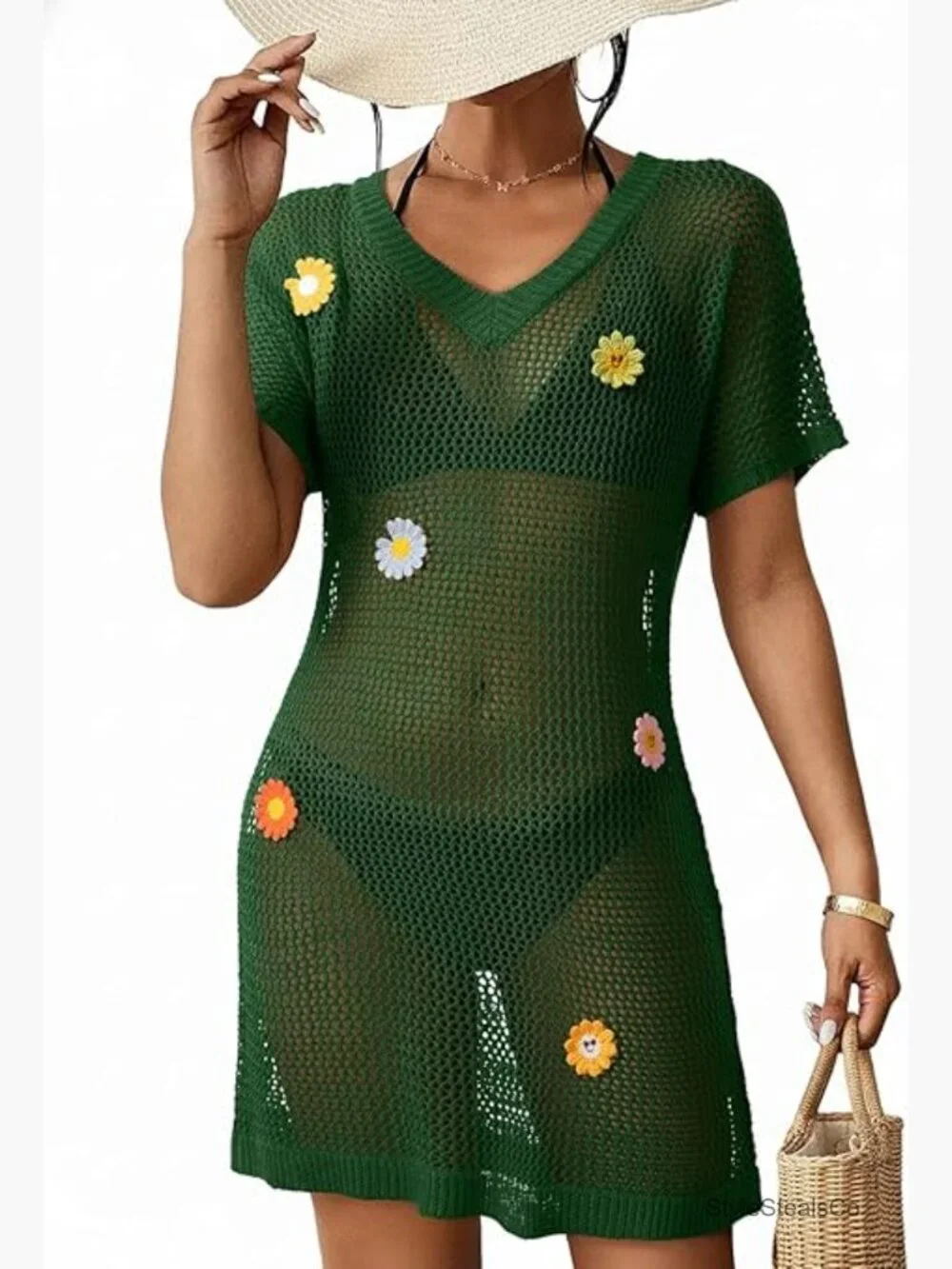 V Neck Short Sleeve Crochet Beach Dress Coverup